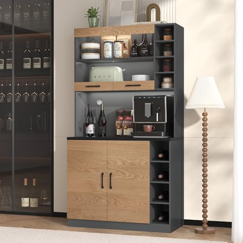 100 x 47 x 187 cm, armario de cocina, buffet con iluminación LED ambiental y agujeros para cables, tabla de cocina de madera, gran espacio para microondas, estantes laterales de altura regulable