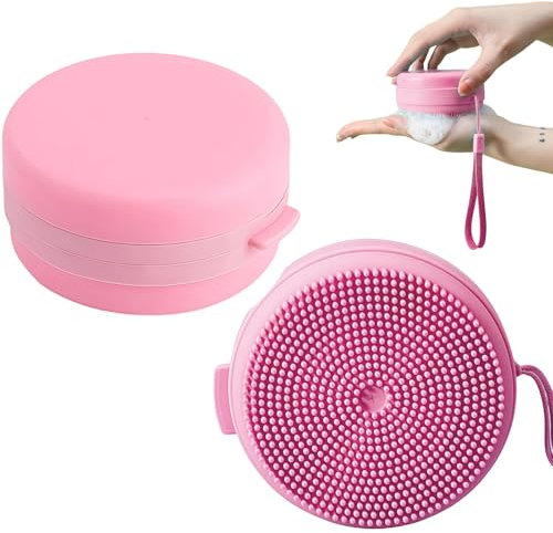 LUMOOM Spazzola doccia in silicone con dispenser di sapone, scrub e massaggio alla schiena, pulizia delicata per viso e corpo, schiuma ricca, pratica spazzola da bagno per doccia (rosa)