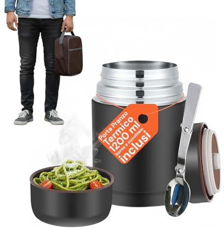 Avilia Porta Pranzo Termico 1200 ml in Acciaio Inox 316 - Lunch Box Ermetico con Isolamento 12 Ore - Include Borsa Isotermica e Cucchiaio Pieghevole - Thermos per Alimenti Caldi e Freddi - Senza BPA