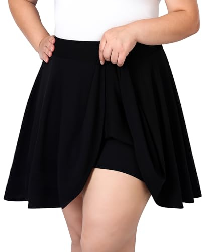 LEACOOLKEY Taglie Forti Gonna Skater Donna Corta Minigonna Tennis, Vita Alta A Line Elastica con Pieghe e Shorts Integrato,A-Nero,2XL (Taglie Forti)