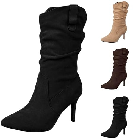 Botas cortas de invierno para mujer, con tacón, tallas grandes, tacón de aguja, tacón alto, botas anchas, elásticas, para invierno, longitud media, Negro , 38 EU