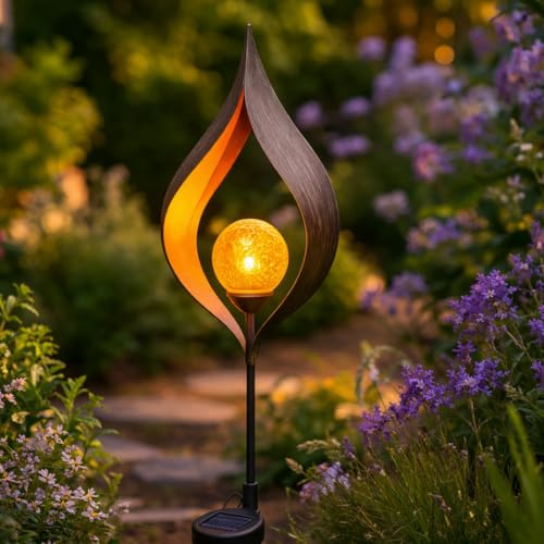 Solar Garden Stake Light Outdoor, Flame Design Crackle Glass Globe, 91cm Solar Powered Garden Light, Weatherproof Decorative Light for Lawn, Patio, Pathway, Garden Gift