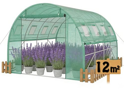QEENTOE 3x4m Foliengewächshaus Gartengewächshäuser aus verzinktem Stahl PE Gewächshaus mit Aufrollbare Fenster Tomatenhaus Winterfest Folientunnel Pflanzenzelt Folien Treibhaus inkl. Erdanker