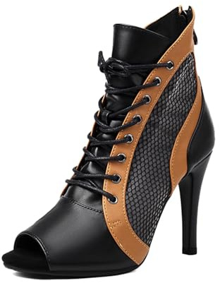 Zapatos de tacón alto para mujer, zapatos de baile de malla sexy latina con cordones, sandalias con boca, zapatos de baile, sandalias de polo, zapatos altos, botines, 006 Negro, 39 EU