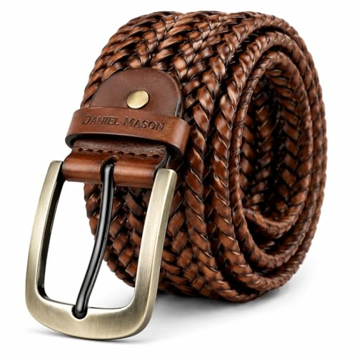 DANIEL MASON® Men's Braided Brown Leather Belt – Genuine Woven Leather Belt for Men – Adjustable One Size (120 cm) – Casual & Smart Belt for Jeans, Chinos & Trousers