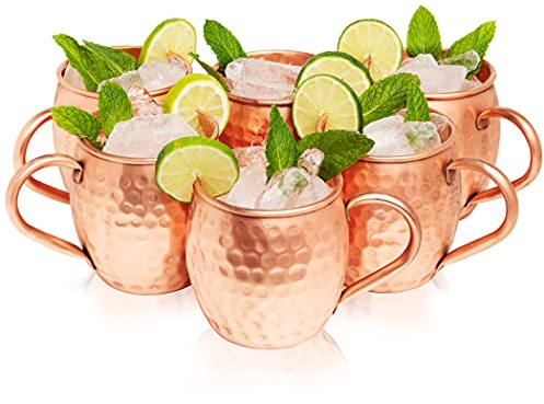 Kitchen Science Moscow Mule Hammered Copper 16 Ounce Drinking Mug, Set of 6 (6)