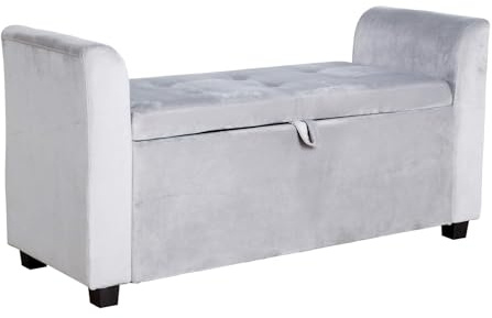 Home Source Storage Ottoman Window Seat, Footstool Bench, Lift Up Lid Chest, Bedding Blanket Toy Box, 120cm, Engineered Wood, Grey Velvet