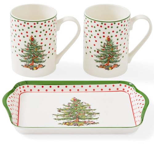 Spode Polka Dot Mug & Tray Set – 2 Porcelain 10 oz Cups with Handles & 8 Melamine Serving Piece – Heat & Stain Resistant Tableware, Decorative Coffee, Tea & Dining Table Accessories