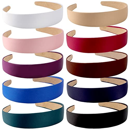 Wecoe Headbands for Women Girls, 10 Pcs 1 Inch Wide Satin Headbands No Slip Fashion Thin Solid Hair Bands for Daily Wear, Party, Cosplay, Diy Costume Hair Accessories, Diademas Para Mujer De Moda