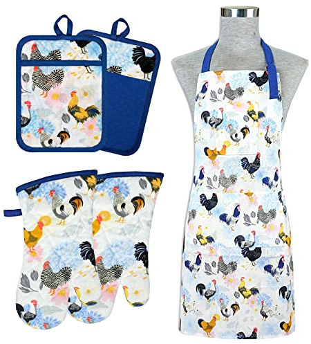 Alselo Oven Mitts and Pot Holders with Chef Apron,Set of 5 Heat Resistant Kitchen Gloves and Silicone Non-Slip Potholders Adjustable Neck Buckle Chef Apron, Cotton Nice Design for Cooking (Rooster)
