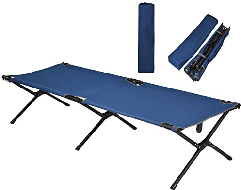 GYMAX Lit de Camp Pliant avec Sac de Transport, 190x67x42cm, Lit de Camping en Tissu Oxford & Cadre Métallique, Charge 136kg, Covient pour Randonnée, Voyage, Plage, Gris/Bleu (Bleu)