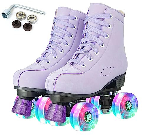 XUDREZ Damen-Rollschuhe, hohe Oberseite, doppelreihig, glänzend, Derby-Skates, vier Räder, Unisex, PU, klassische Skates für Mädchen, Anfänger, drinnen und draußen (hellviolettes blinkendes Rad, Größe