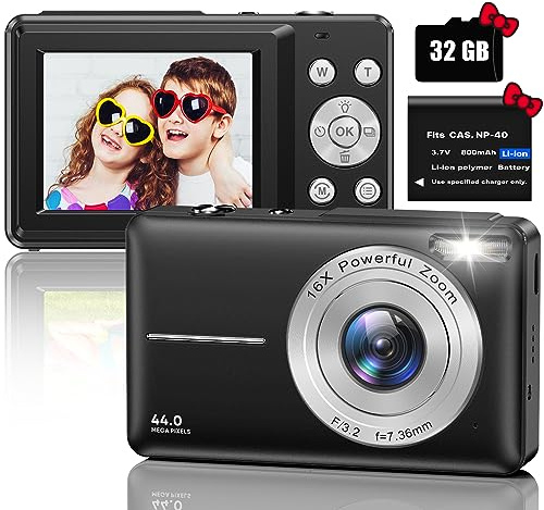 Fotocamera digitale fotocamera compatta con scheda SD da 32 GB, 1080P 44 MP, mini fotocamere digitali, LCD da 2,5, con zoom digitale 16X, per bambini, adulti, ragazzi, ragazze (nero)