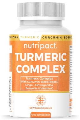 Nutripact Turmeric Extract Complex 10,000mg with Curcumin, Black Pepper, Ginger, Ashwagandha, Boswellia & Vitamin C High Strength Tumeric Supplement (not Tablets) 95% Curcuminoids - 60 Vegan Capsules