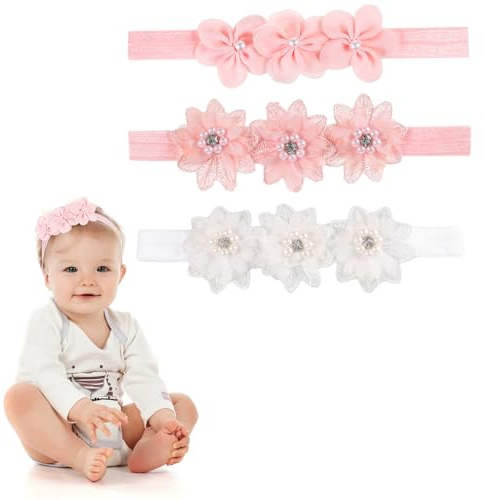 3PCS Baby Floral Headbands Girl Flower Nylon Lace Petals Hairband Delicate Cute Stretchy Pearl Baby Headband Hair Accessories Headband for Baby Girls Newborns Infants Toddlers Infant Kids White Pink