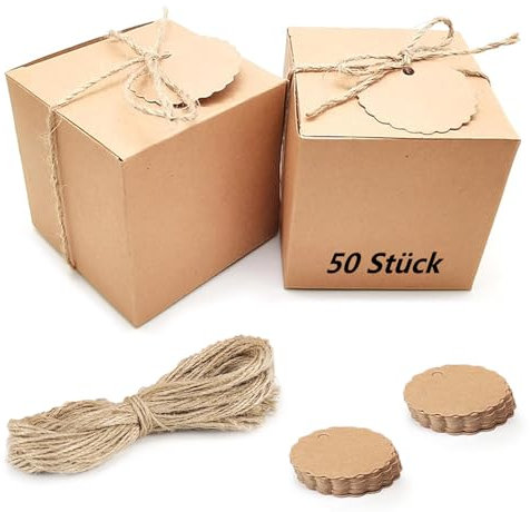 50 Geschenkboxe Kraftpapier Set, 7 x 7 x 7 cm Geschenkschachtel Klein, Karton Schachteln, Pappschachteln mit Deckel, Geschenkboxn Quadratisch für Geschenke, Party, Hochzeit, Geburtstag; Braun