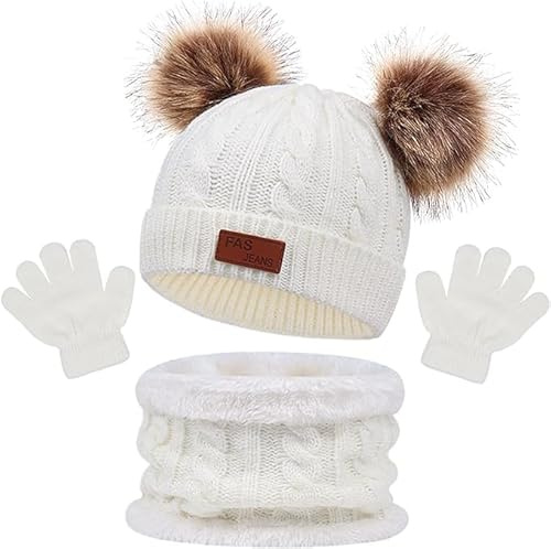 NLMWTI Conjunto de Bufanda y Gorro Guantes 3 Piezas para Niños de 1 a 6 Años Pequeños Gorro de Invierno con Color Puro Sombrero de Doble Pompón Calentador de Cuellode 1-6 años