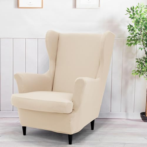 Highdi Wingback Chair Covers 2 Piece Stretch Wing Chair Cover Solid Color Sofa Cover Armchair Slipcover Washable Non Slip Furniture Protector for Living Room Bedroom Hotel (Beige)