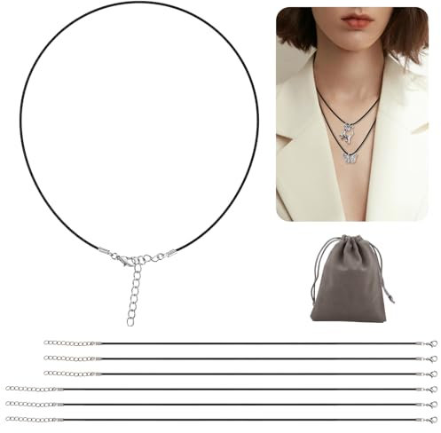 GlasFlength - Cordón de collar de 6 piezas, 1,5 mm, encerado, cordón de collar con cierre de cuerda de piel, 45 cm con cadena de extensión y 60 cm para colgante de joyas, unisex, cuerda de cera para