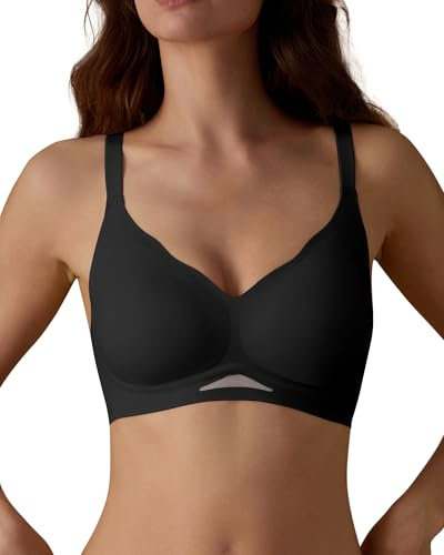 SHARICCA Damen BH Ohne Bügel Bequemer Nahtloser BHS T-Shirts Push Up V-Ausschnitt Weicher Gepolstert Bustier Seamless Bra mit Verstellbaren Trägern(Schwarz-1P01-M)