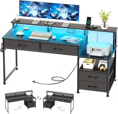 MUTUN 135cm Computer Desk with Power Outlet and Charging Station, Reversible Home Office Desk with Fabric Drawers and Monitor Stand, Wooden Desks with Storage, Study Table, Black