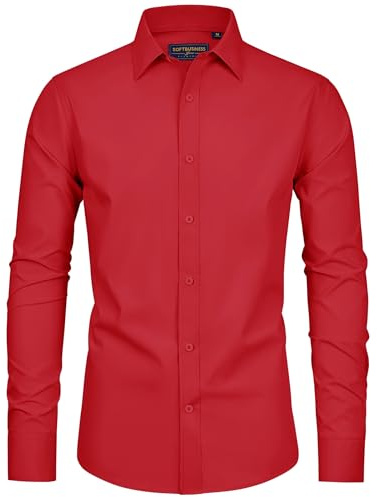 siliteelon Mens Long Sleeve Red Shirts Stretch Dress Wedding Party Shirt