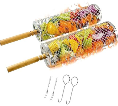 Gerbala Rolling Grill Korb für Outdoor-Grill, Nesting Grill Körbe 2 Pack mit abnehmbaren Holzgriffen für Camping Picknick BBQ, 304 Edelstahl Barbecue Tools Käfige Set für Gemüse Fleisch Garnelen Fisch