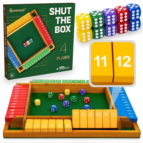 Large Shut The Box Game Wooden for 4 Players - Math Games -Family Games for Kids and Adults - 14-inch Close The Box Game 12 Numbers - Family Board Games