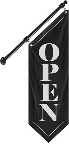 QSUM Double-Sided Open Flag with Pole Kit, 12x35 Vertical Storefront Open Sign with Wall Mounted Hanging, Outdoor Vintage Open Banner for Shop, Cafe, Restaurant, Retail Store, Farm Stand Business