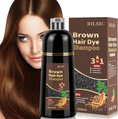 RILSIC Brown Hair Dye Shampoo, 500ML Colour Shampoo 3 in 1, Herbal Natural Instant Color Shampoo-100% Grey Hair Beard Coverage- Natural - Dye Coloring in Minutes for Women Men (Brown)