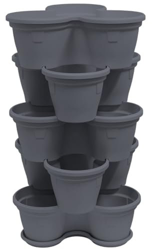 Engelland 5X Blumentopf, Säulentopf, Pflanzturm, Hochbeet, Pflanztopf-Kübel mit Untersetzer, stapelbar, widerstandsfähig, Kunststoff, für Außenbereich, 55 Liter, Farbe: Anthrazit
