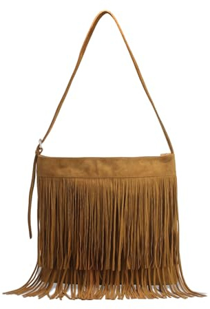 FUKEFUKEUS Borsa hobo da donna con frange in pelle scamosciata vegana, borsa a tracolla hippie con frange western, borsa a tracolla, Marrone, 15.75 x 15.75 (40 x 40 cm)