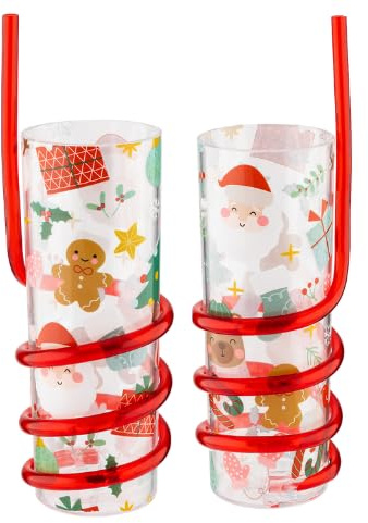 FabFinds Christmas Drinks Cup with Curly Straw Festive Gingerbread & Christmas Character Designs 400ml Reusable Kids Cup with Lid and Spiral Straw Fun Holiday Party Drinkware Pack of 2