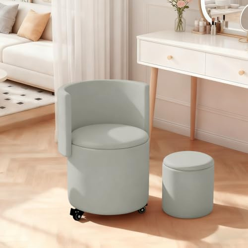 XUEGW Sgabello da trucco rotondo con contenitore, girevole in pelle PU e schienale ribaltabile. Puffo imbottito con rotelle per camera da letto e soggiorno