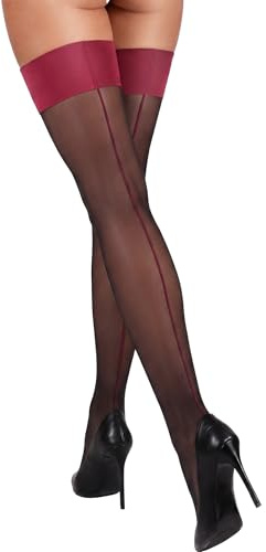 RSLOVE Hold Up Stockings for Women - Seamed Stockings Sexy Lace Top Pantyhose Thigh High with Anti-Skid Silicone Black and Red One Size
