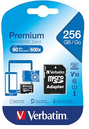 Verbatim Premium Micro SDXC Speicherkarte mit Adapter, 256 GB, Datenspeicher für Foto- und Video-Aufnahmen, Micro SD Karte in schwarz, ideal für Handy, Kamera oder Tablet
