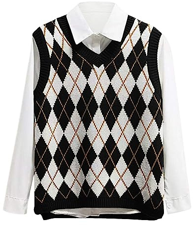 Lailezou Women's V Neck Knit Sweater Vest Argyle Plaid Preppy Style Sleeveless Crop Knitwear Tank Black
