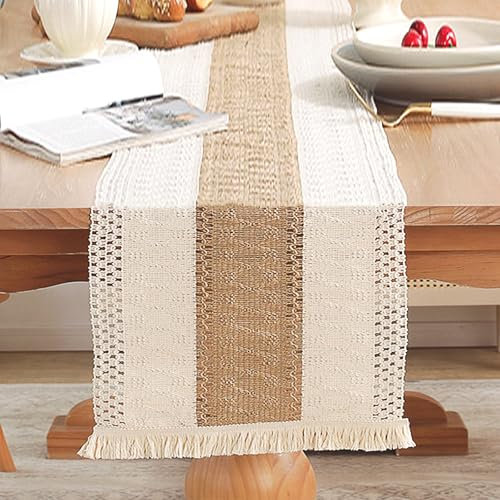 INHEMING Makramee Tischläufer mit Quasten,Beige Tischläufer in Baumwolle,Boho Style, Elegante Hohle Mesh Tischdecke,Landhausstil Table Runner Tabletop Dekor für Esstisch Hochzeit Dekor, 30 x 120 cm
