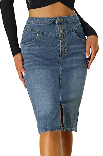 Allegra K Women's Skirts, Casual Jean Skirt High Waist Front Slit Stretch Pencil Denim Skirts for Women Blue S