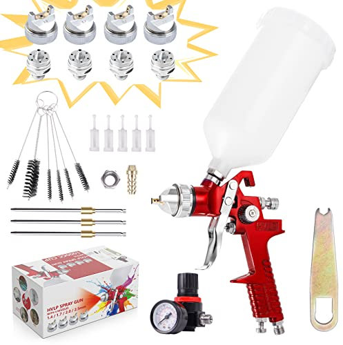 CarBole Pistola a Spruzzo HVLP con Tazza di 1000cc e 4 Ugelli 1.4/1.7/2.0/2.5mm,Pistola per Verniciare con Regolatore di Pressione dell'aria, Pistola de Pintura (Rosso)
