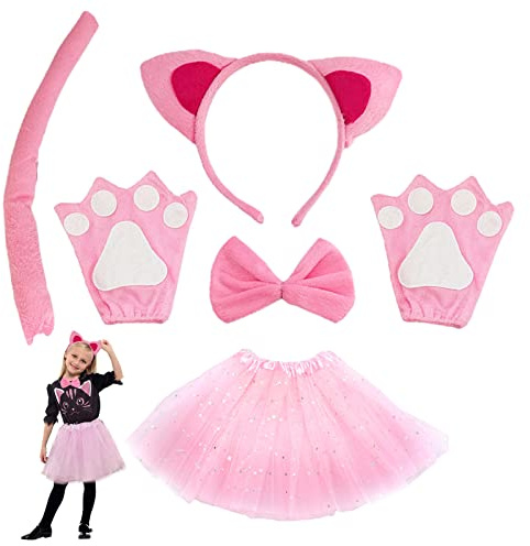 TSHAOUN 6 stycken kostym-set katt, djurklänning, cosplay-set, kattöron, pannband, kattungar, rosa, öron, krage, tassar, handskar, rosa, tutu, dörr, barn, halloween, karneval
