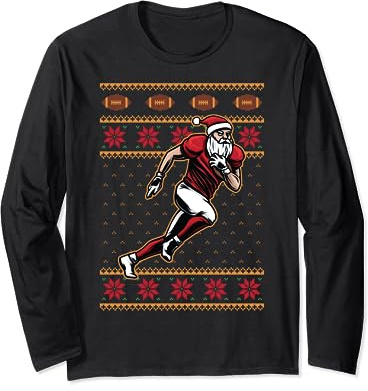 Santa Corriendo Con Rugby Fútbol Jugador De Navidad Feo Manga Larga