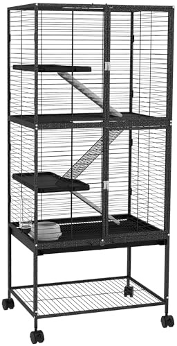PawHut Jaula para hurón rodante para animales pequeños, jaula para mascotas de 4 niveles, 136 cm de altura para chinchillas, ardillas con 3 puertas, estante de almacenamiento, bandeja, cuenco, botella