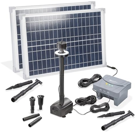 esotec 101939 Kit de pompe solaire pour bassin avec 50 1400 LED, pompe d'arrosage 1400/h, batterie LiFePo4, filtre, piquet de terre, panneaux solaires 50 W, fontaine solaire de jardin, jeu d'eau