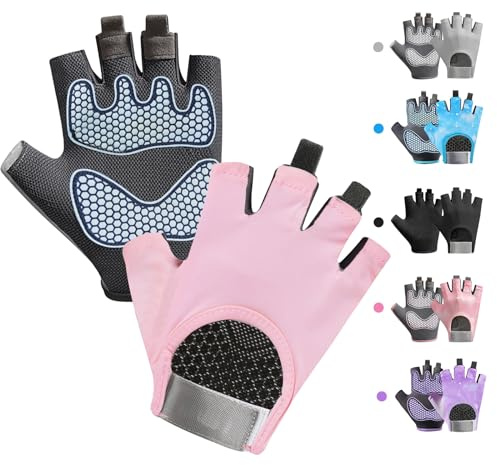 CubePlug Gants de cyclisme antidérapants demi-doigts - Paume rembourrée pour enfants unisexes - Idéal pour l'équitation, le VTT, le sport, la randonnée, l'escalade et la gym (rose Sakura, M)