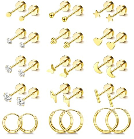 JeweBella 15 Pares Pequeños Pendientes Acero Quirúrgico Mujer Hipoalergénicos 14K Chapado en Oro - Aros Dorados y Plata para Piercing de Oreja