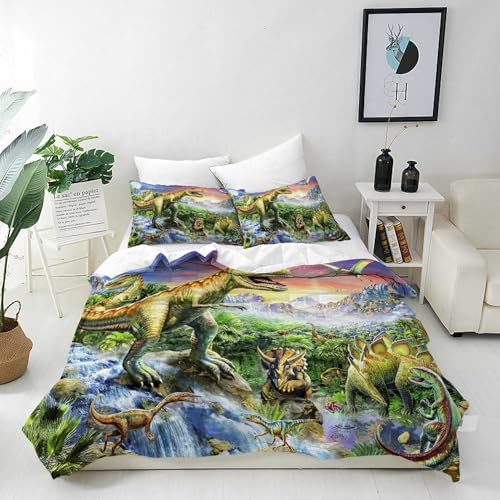 ANHOPE Dinosaur Duvet Cover Set Single 135x200cm with 2 Pillowcases | Soft Breathable Microfibre Fabric, Jungle T‑Rex Mountain Waterfall Print, Kids Boys Girls Quilt Cover with Zipper Closure