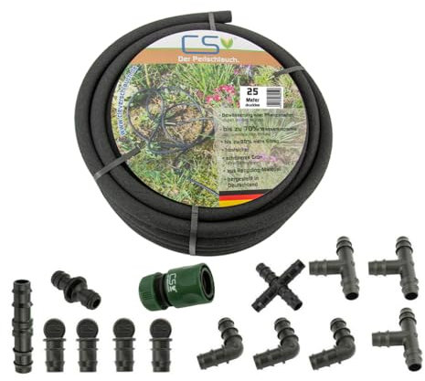 CS Perlschlauch 25 m drucklos inkl. Starterset – eco Tropfschlauch für Regentonne & Regenwasser – nachhaltiger, wassersparender Bewässerungsschlauch für Garten, Beet & Hecke