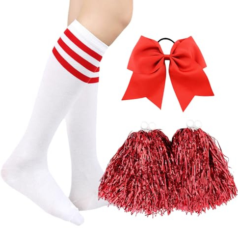 Lezevn 4pcs Cheerleader Costume Set Cheerleading Poms Hair Rope Socks for Dance, Sports Events, Party Decorations, School Spirit, Team Performances Costume Accessories