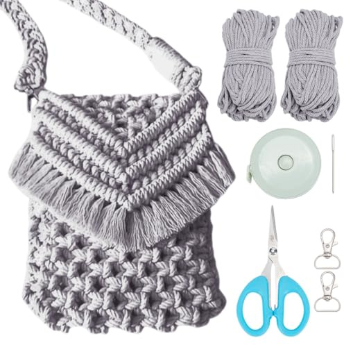 INFUNLY Juego de bolsas para teléfono móvil de macramé para principiantes, color gris claro, bohemio, macramé, con vídeo instructivo, kit de bolsos de hombro de cuerda de algodón, juegos de bolsas de